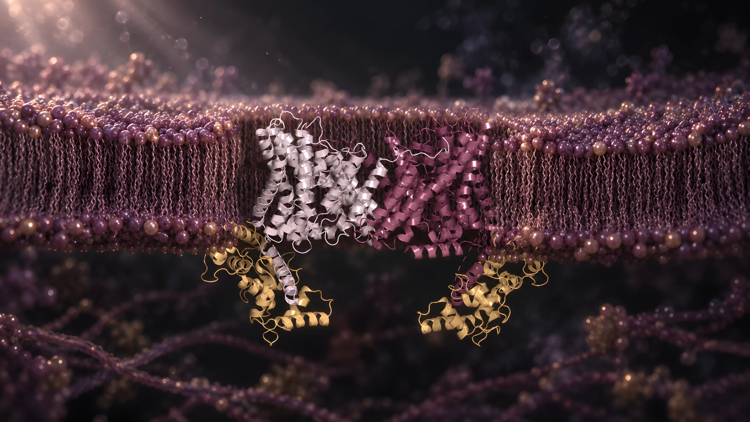 Illustrative render of an NHE1 dimer, one chain silver and one plum, spanning a lipid bilayer, with gold CHP1 partner proteins attached beneath the membrane.