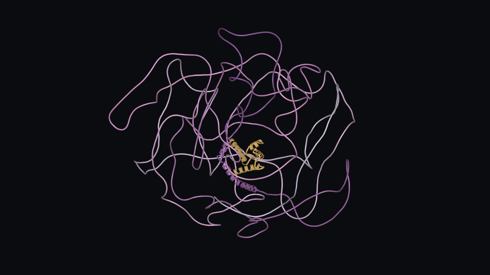 Predicted profilaggrin segment. Gold marks residues 1 to 92; plum, mauve and silver distinguish the remaining chain. These are predicted coordinates.