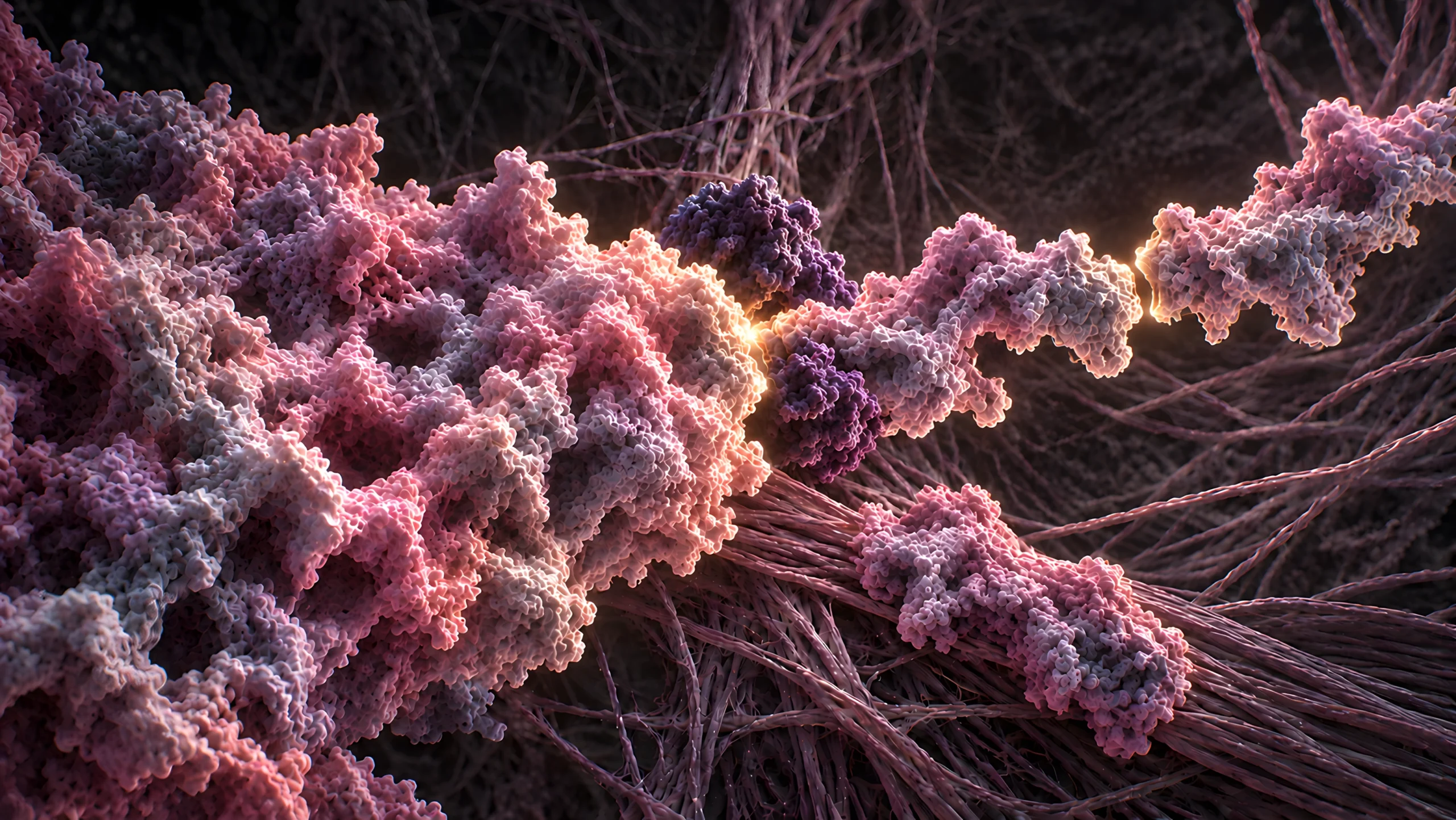 Illustrative render of a large pink and mauve protein mass splitting into smaller fragments along a glowing seam, among fine dark filaments.