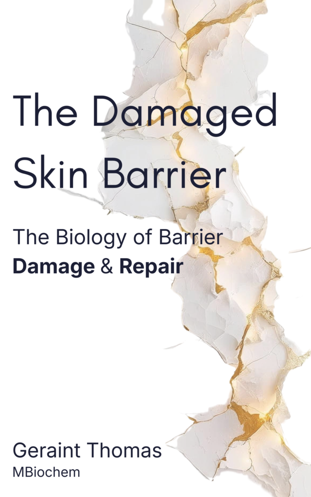 Book cover in white and gold depicting 'The Damaged Skin Barrier - The Biology of Barrier Damage & Repair'