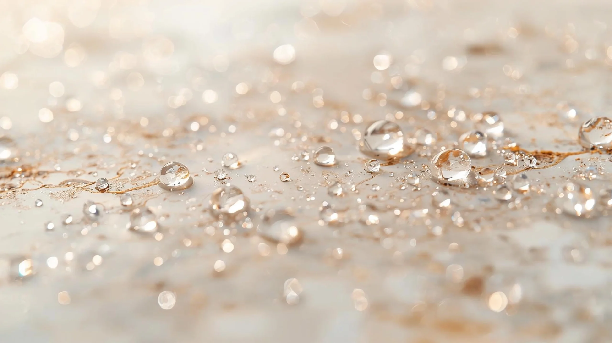 Water droplets resting on pale stone surface representing skin barrier water retention and TEWL