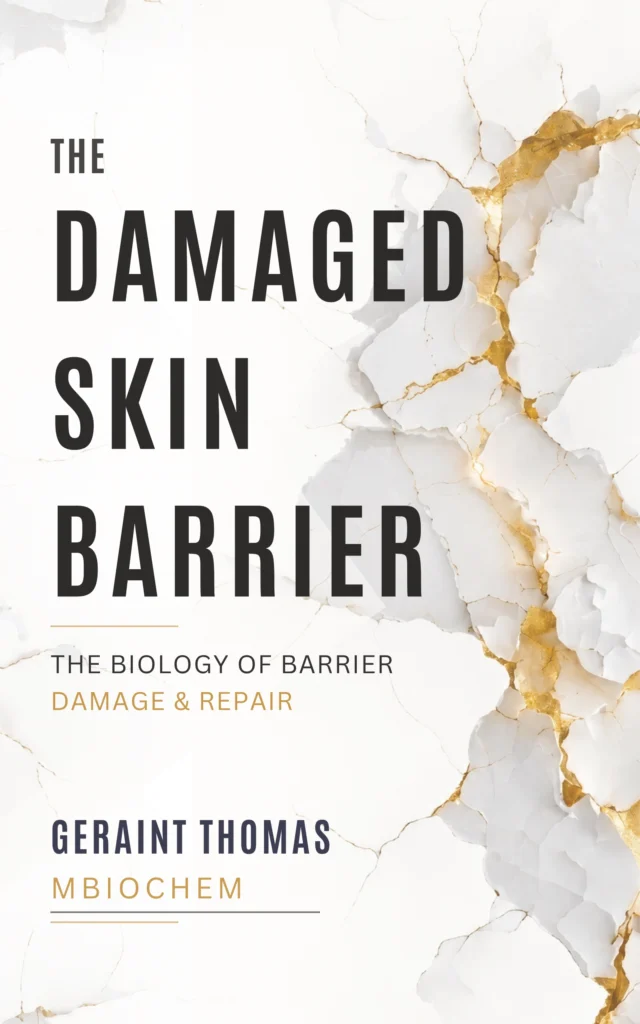 Book cover in white and gold depicting 'The Damaged Skin Barrier - The Biology of Barrier Damage & Repair'