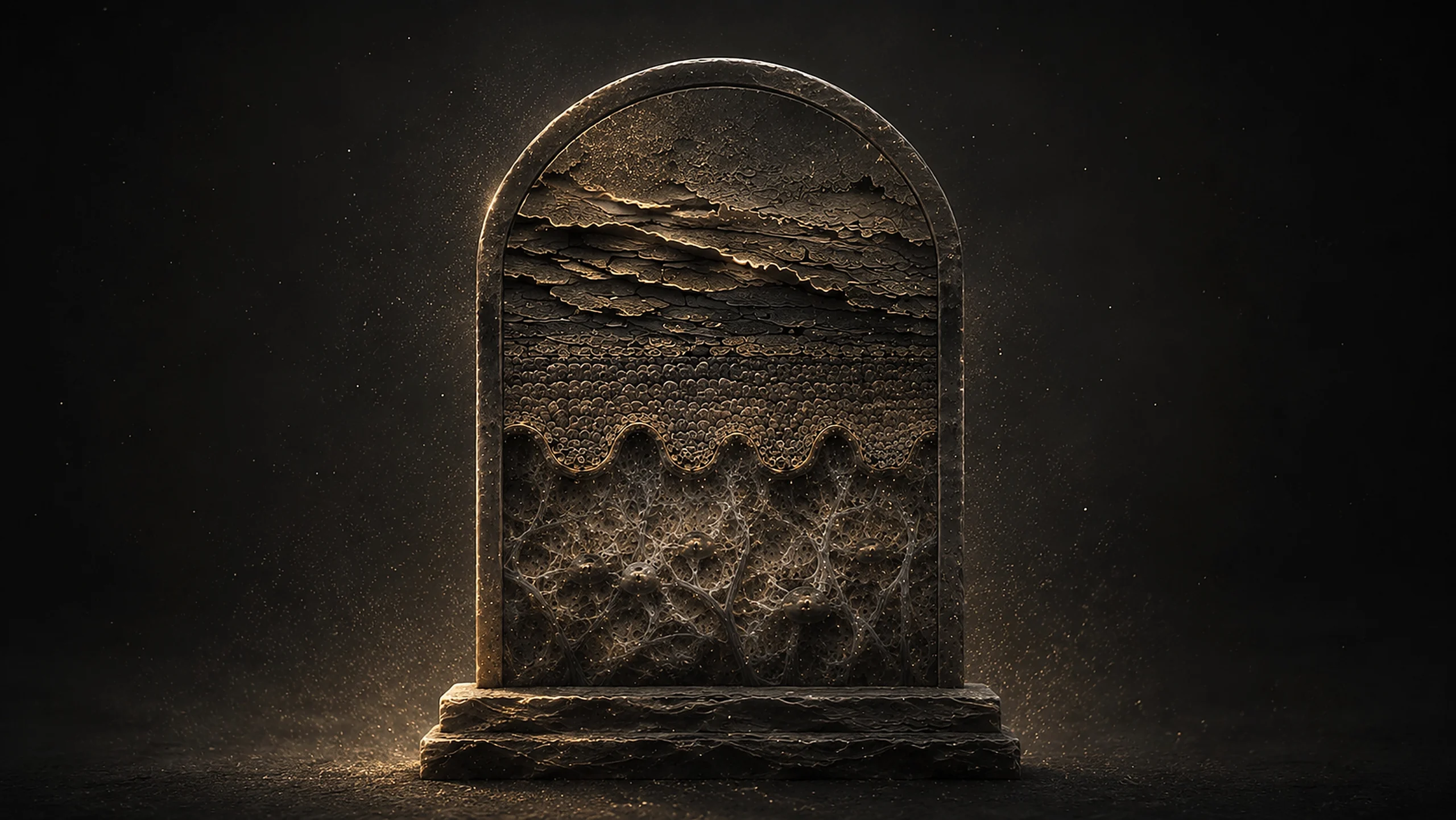 A stone gravestone intricately carved with the anatomical cross-section of human skin, questioning if the stratum corneum is really dead.